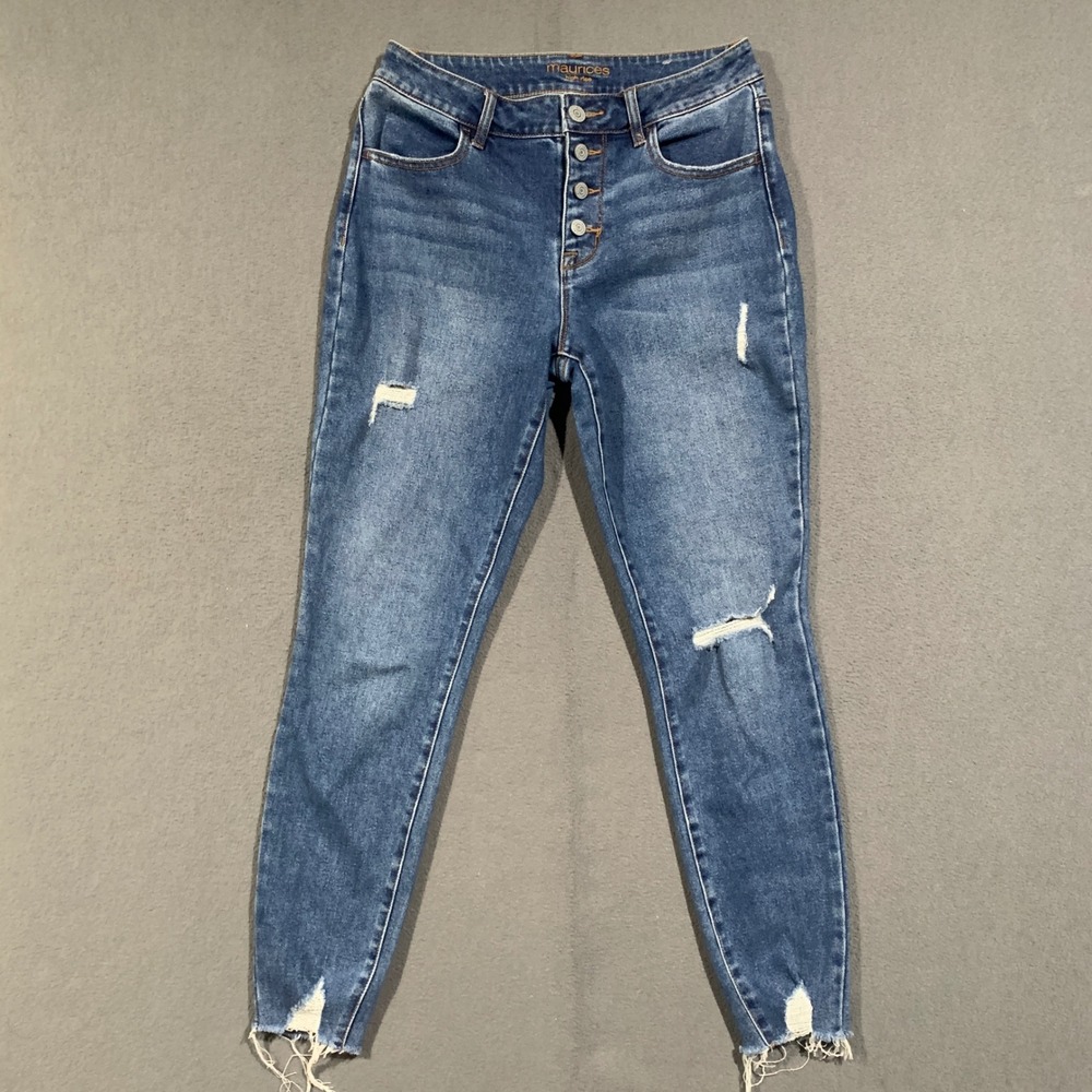 Maurices Skinny Jeans Womens 8 REG High Rise Button Fly Distressed Raw Hem Blue